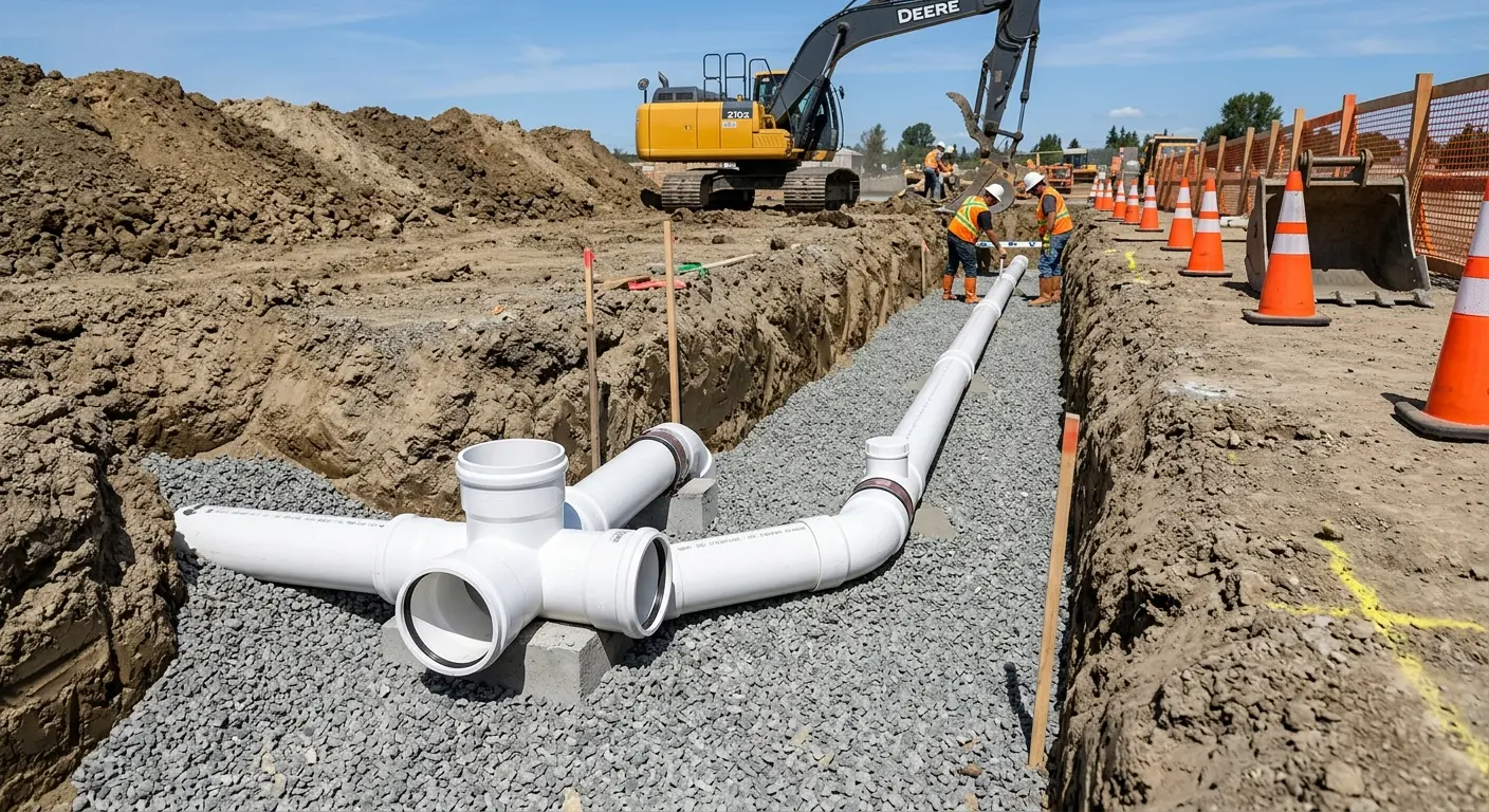 New PVC sewer pipe installation in open trench for Sewer Backup in Williamsport