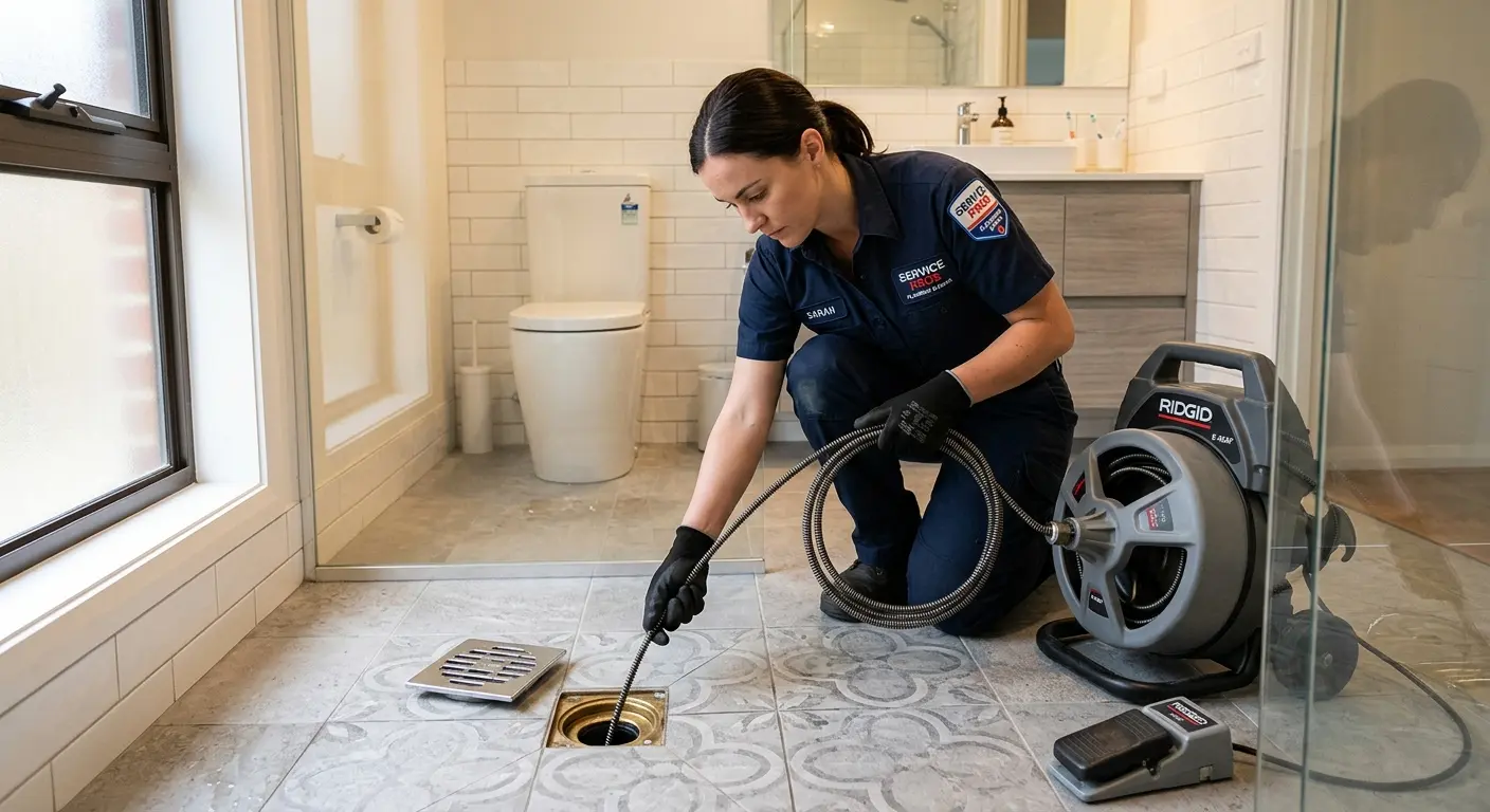 Technician clearing a bathroom floor drain for Drain Repair in Williamsport